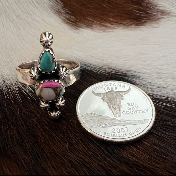 ❤️ Cotton Candy Dahlia Kingman Turquoise Sterling Silver Navajo Adjustable Ring - Picture 7 of 14